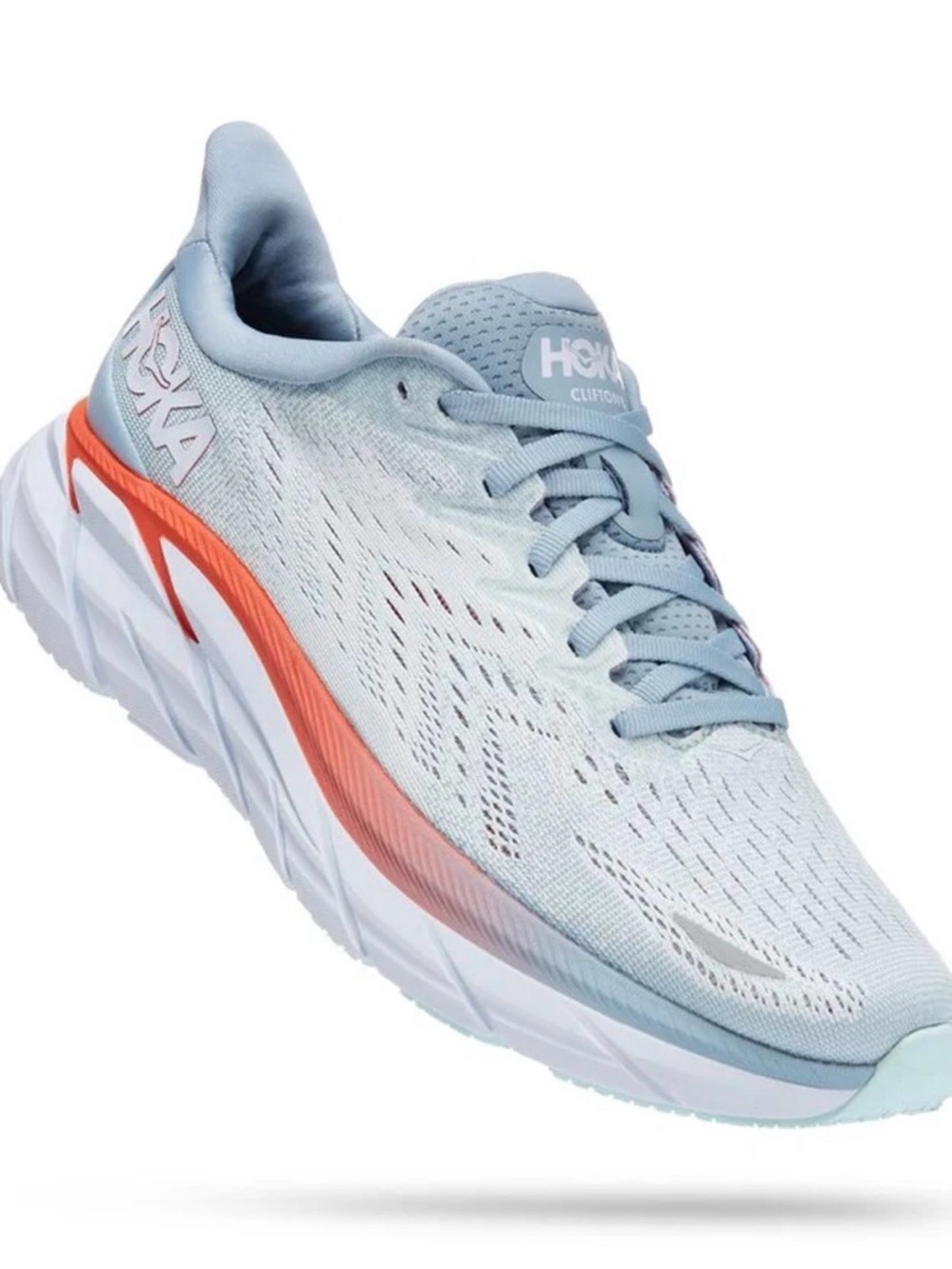 HOKA Clifton 8 Women's Light Blue and Coral Running Shoe